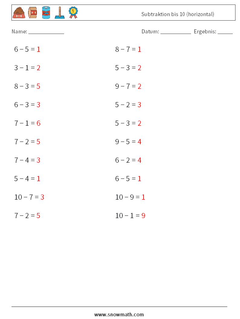 (20) Subtraktion bis 10 (horizontal) Mathe-Arbeitsblätter 5 Frage, Antwort