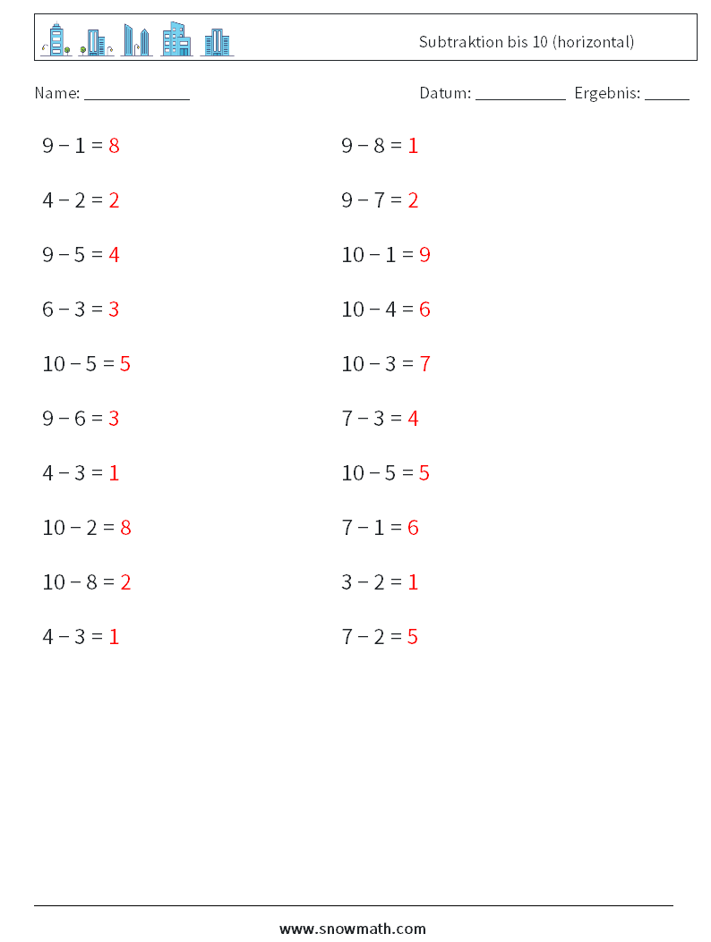 (20) Subtraktion bis 10 (horizontal) Mathe-Arbeitsblätter 6 Frage, Antwort