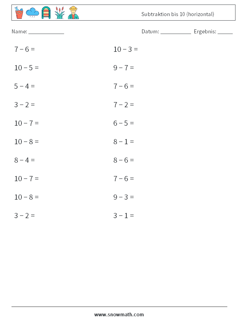(20) Subtraktion bis 10 (horizontal) Mathe-Arbeitsblätter 7