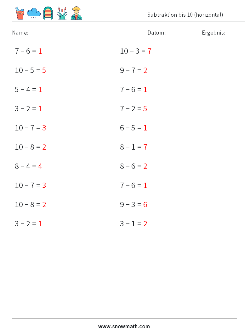 (20) Subtraktion bis 10 (horizontal) Mathe-Arbeitsblätter 7 Frage, Antwort