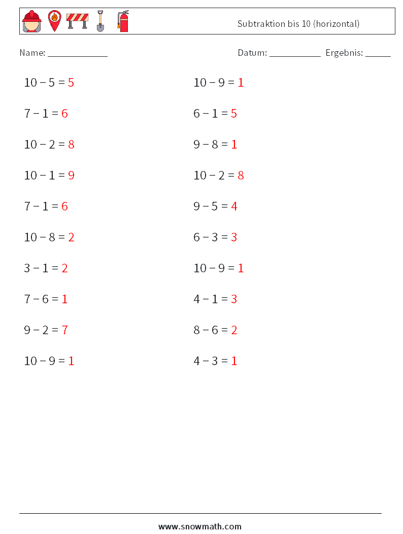 (20) Subtraktion bis 10 (horizontal) Mathe-Arbeitsblätter 8 Frage, Antwort