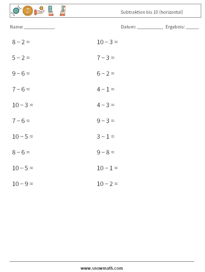 (20) Subtraktion bis 10 (horizontal) Mathe-Arbeitsblätter 9