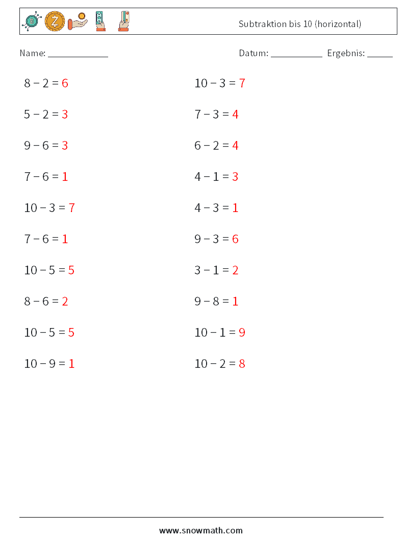 (20) Subtraktion bis 10 (horizontal) Mathe-Arbeitsblätter 9 Frage, Antwort