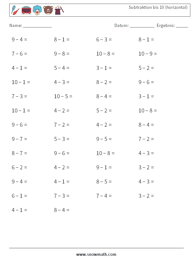 (50) Subtraktion bis 10 (horizontal) Mathe-Arbeitsblätter 1