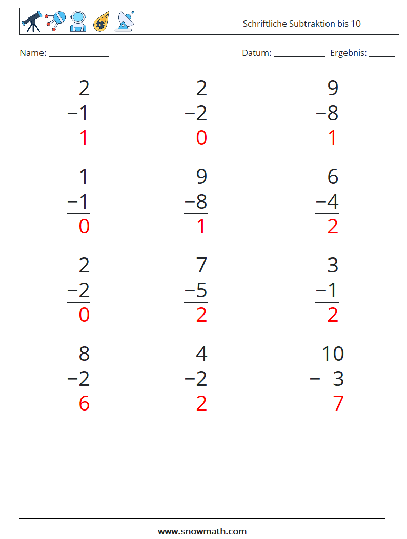 (12) Schriftliche Subtraktion bis 10 Mathe-Arbeitsblätter 1 Frage, Antwort