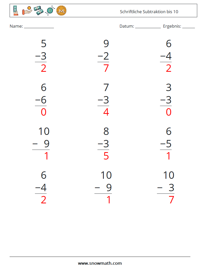 (12) Schriftliche Subtraktion bis 10 Mathe-Arbeitsblätter 3 Frage, Antwort