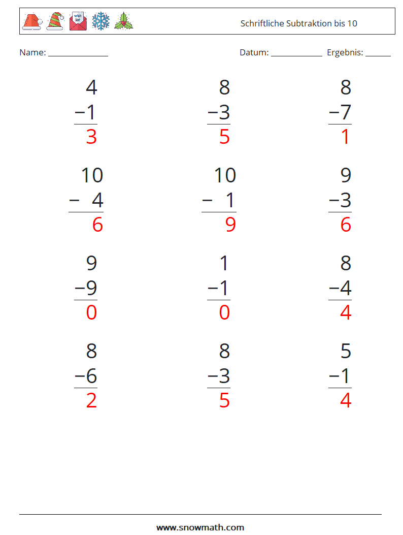 (12) Schriftliche Subtraktion bis 10 Mathe-Arbeitsblätter 4 Frage, Antwort