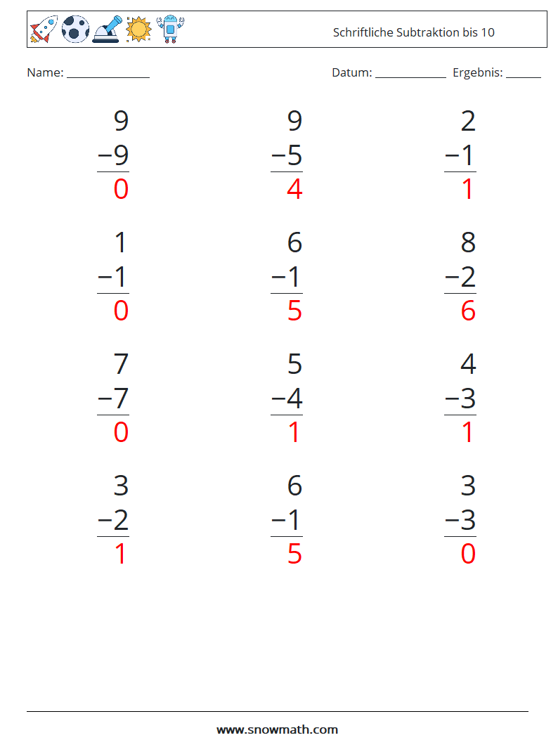 (12) Schriftliche Subtraktion bis 10 Mathe-Arbeitsblätter 5 Frage, Antwort