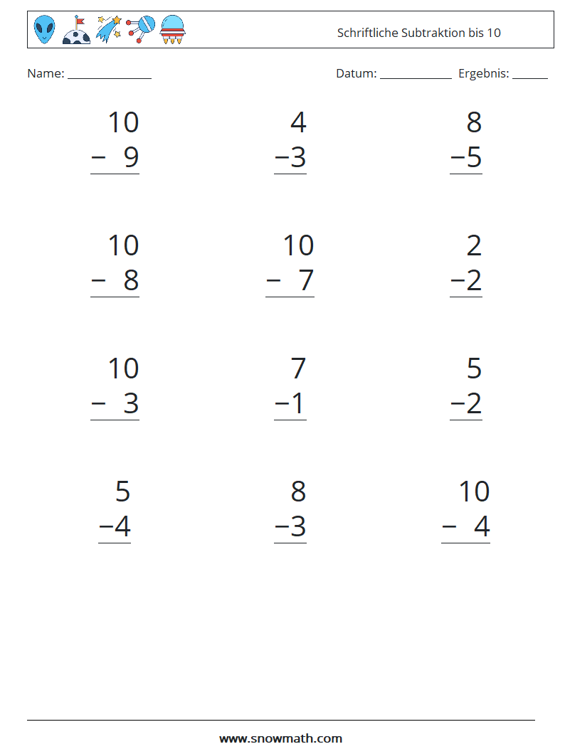 (12) Schriftliche Subtraktion bis 10 Mathe-Arbeitsblätter 6