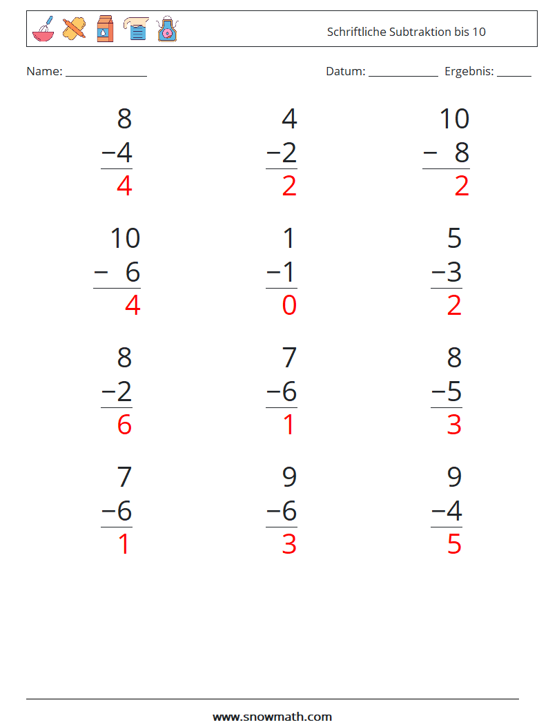 (12) Schriftliche Subtraktion bis 10 Mathe-Arbeitsblätter 7 Frage, Antwort