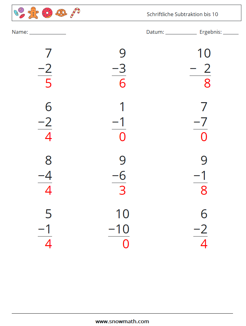 (12) Schriftliche Subtraktion bis 10 Mathe-Arbeitsblätter 8 Frage, Antwort