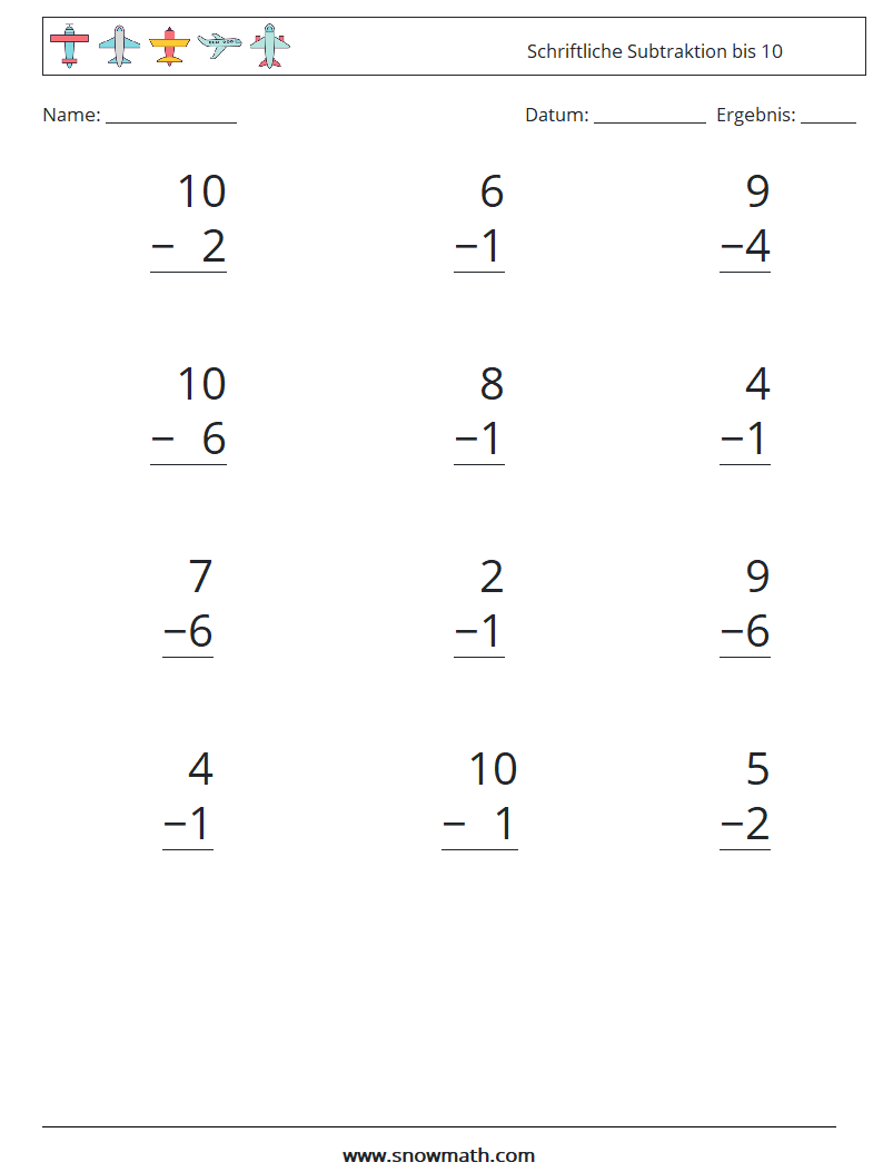 (12) Schriftliche Subtraktion bis 10 Mathe-Arbeitsblätter 9