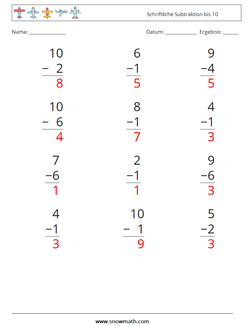 (12) Schriftliche Subtraktion bis 10 Mathe-Arbeitsblätter 9 Frage, Antwort