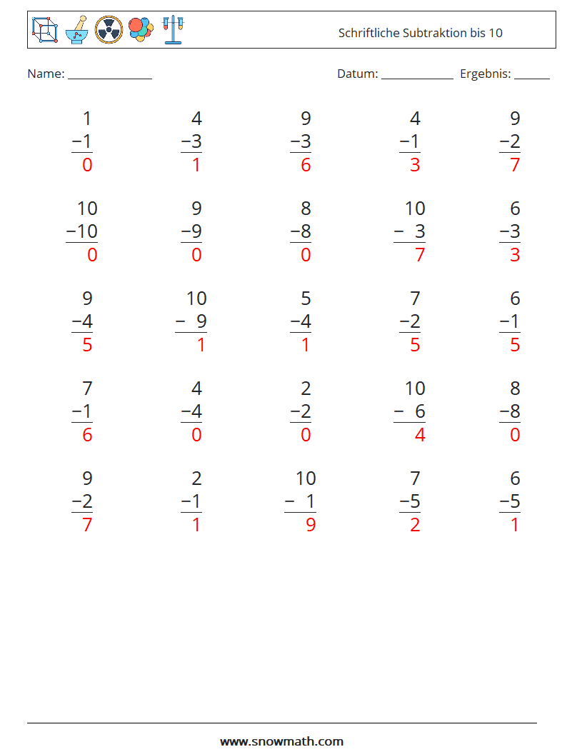 (25) Schriftliche Subtraktion bis 10 Mathe-Arbeitsblätter 1 Frage, Antwort