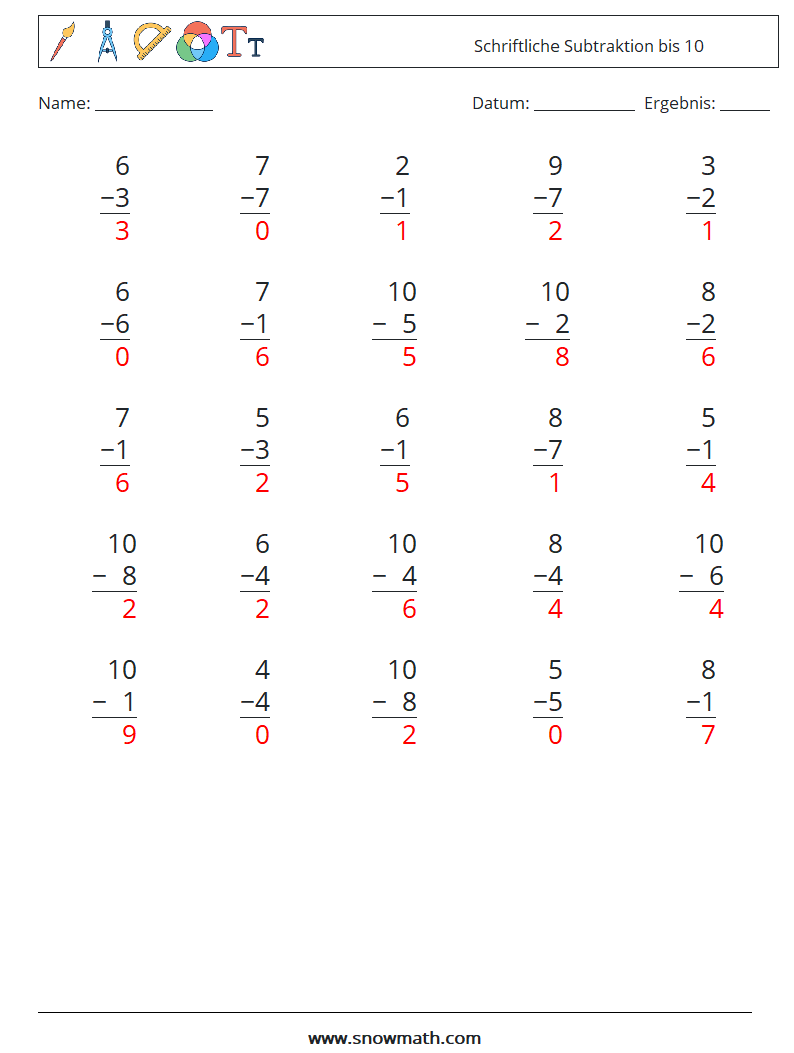 (25) Schriftliche Subtraktion bis 10 Mathe-Arbeitsblätter 3 Frage, Antwort