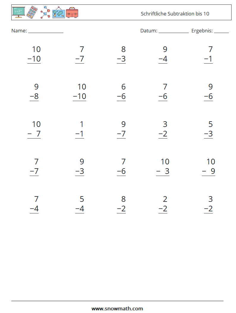 (25) Schriftliche Subtraktion bis 10 Mathe-Arbeitsblätter 4