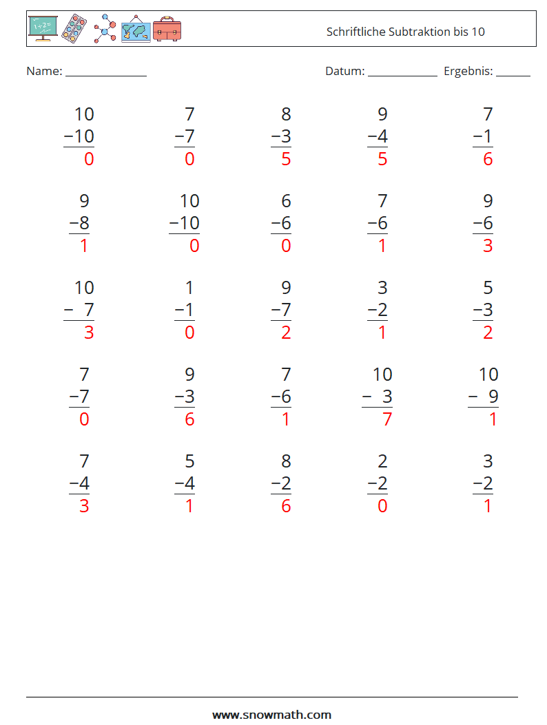 (25) Schriftliche Subtraktion bis 10 Mathe-Arbeitsblätter 4 Frage, Antwort