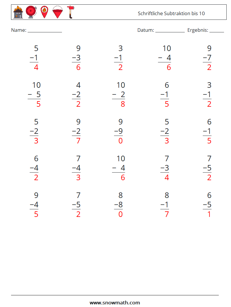 (25) Schriftliche Subtraktion bis 10 Mathe-Arbeitsblätter 5 Frage, Antwort