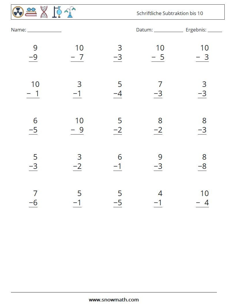 (25) Schriftliche Subtraktion bis 10 Mathe-Arbeitsblätter 6