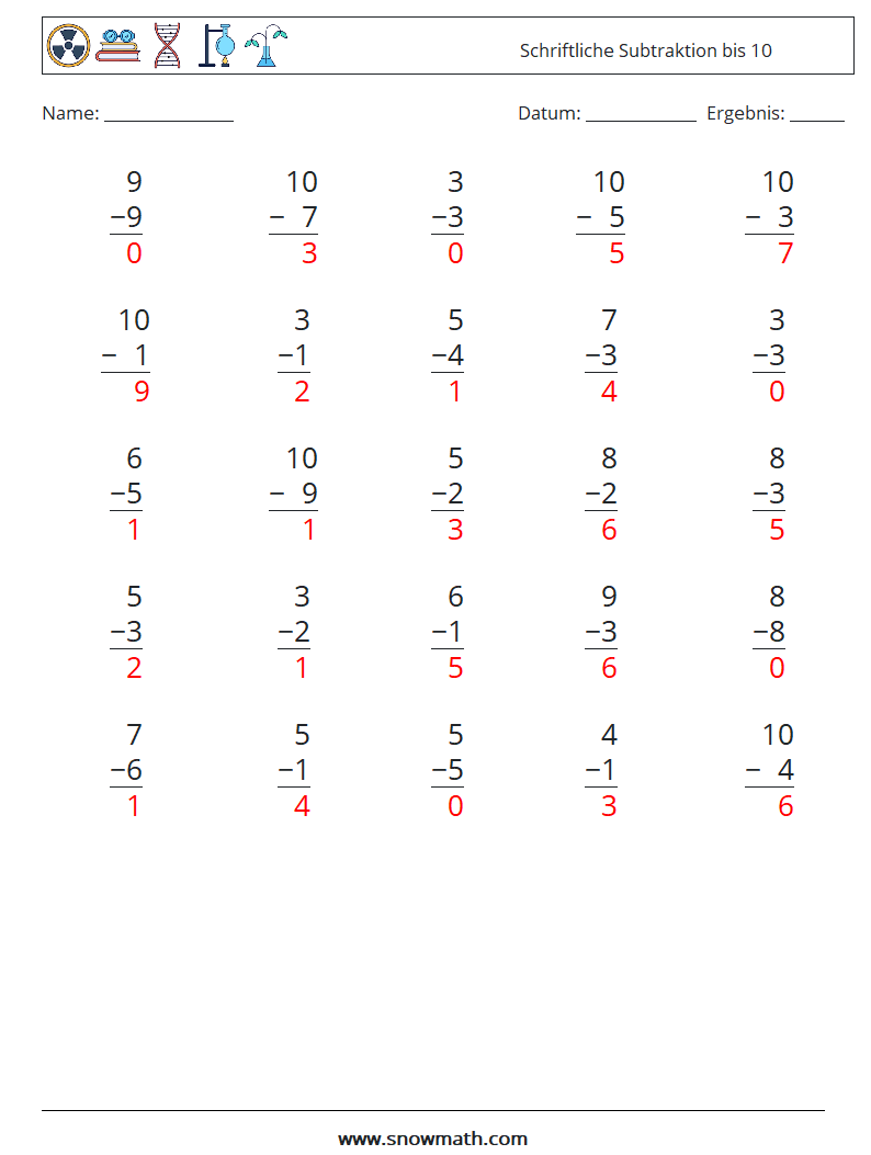 (25) Schriftliche Subtraktion bis 10 Mathe-Arbeitsblätter 6 Frage, Antwort