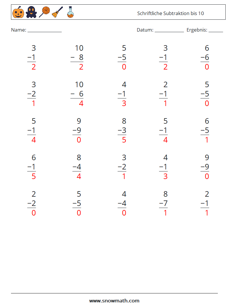 (25) Schriftliche Subtraktion bis 10 Mathe-Arbeitsblätter 7 Frage, Antwort