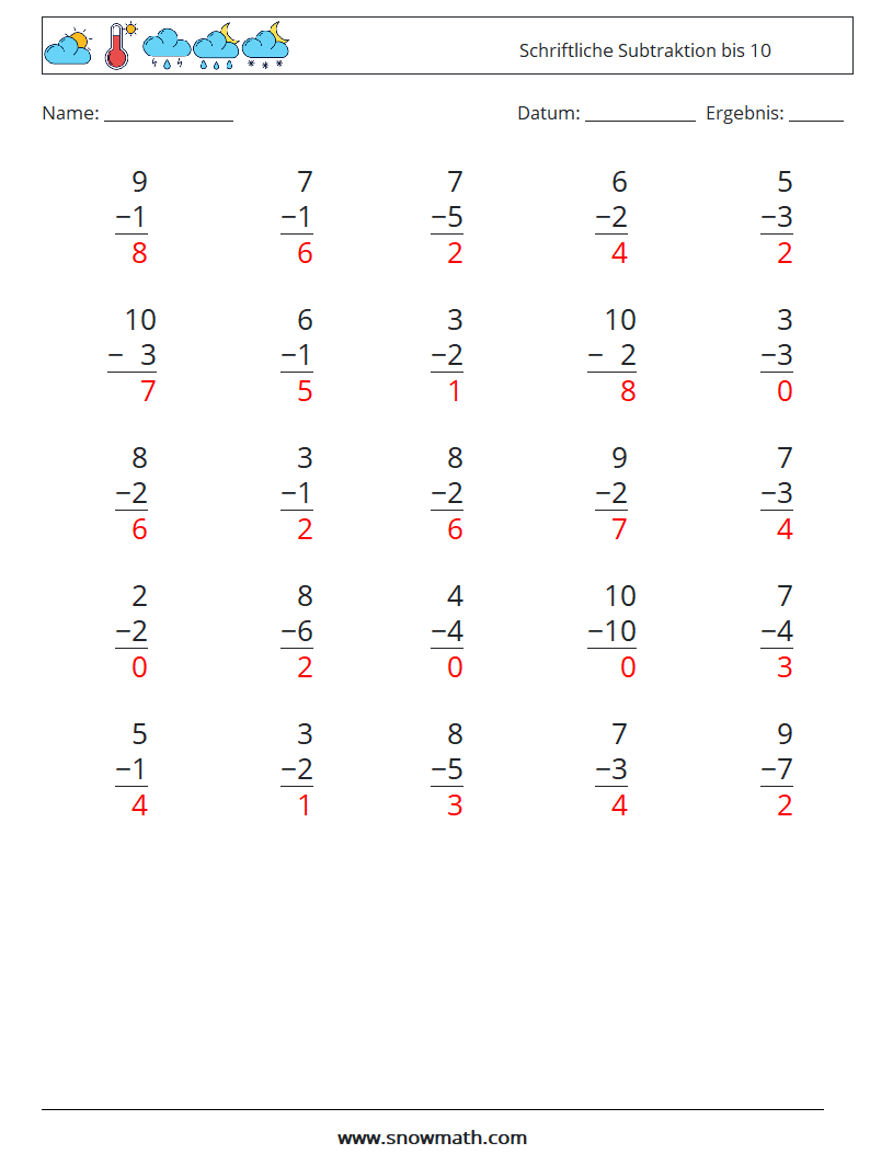 (25) Schriftliche Subtraktion bis 10 Mathe-Arbeitsblätter 8 Frage, Antwort