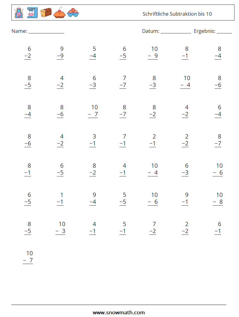 (50) Schriftliche Subtraktion bis 10 Mathe-Arbeitsblätter 1