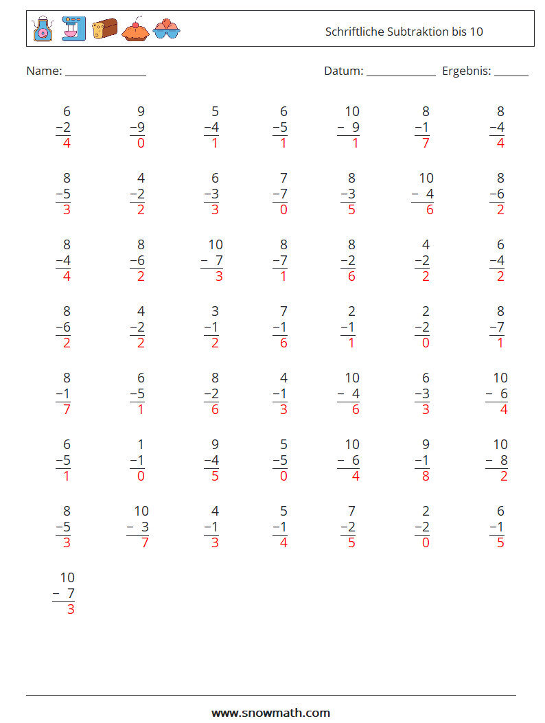 (50) Schriftliche Subtraktion bis 10 Mathe-Arbeitsblätter 1 Frage, Antwort