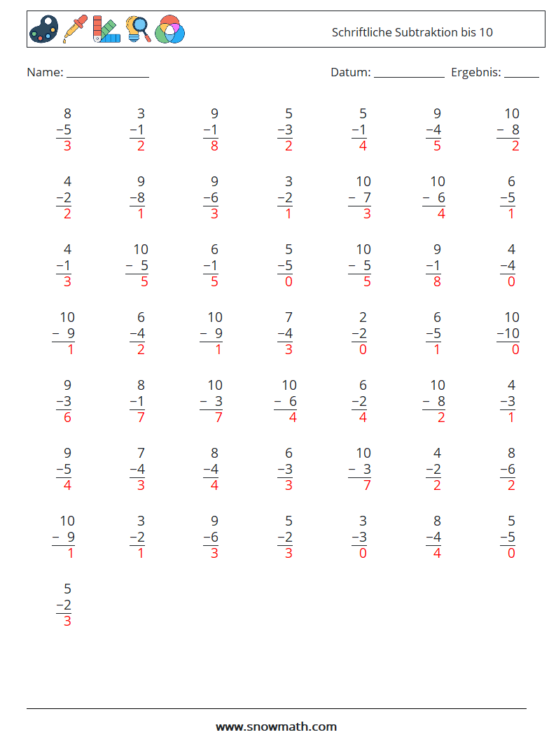 (50) Schriftliche Subtraktion bis 10 Mathe-Arbeitsblätter 2 Frage, Antwort