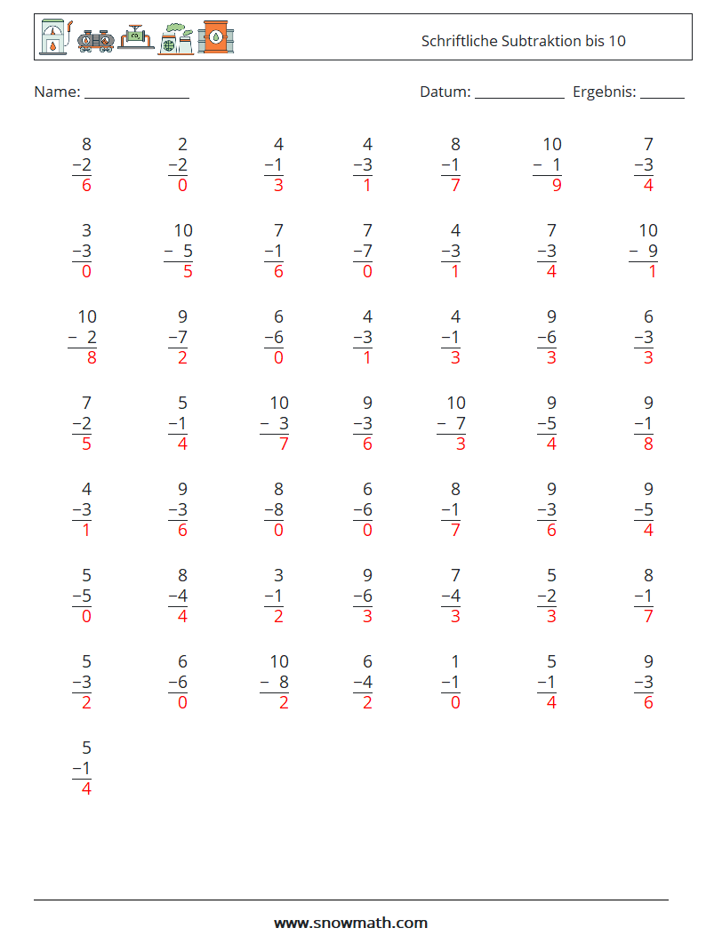 (50) Schriftliche Subtraktion bis 10 Mathe-Arbeitsblätter 3 Frage, Antwort