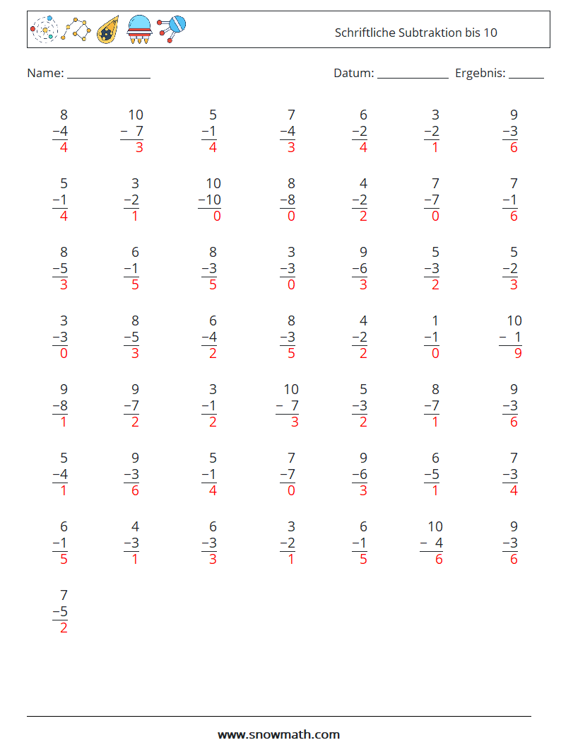 (50) Schriftliche Subtraktion bis 10 Mathe-Arbeitsblätter 4 Frage, Antwort