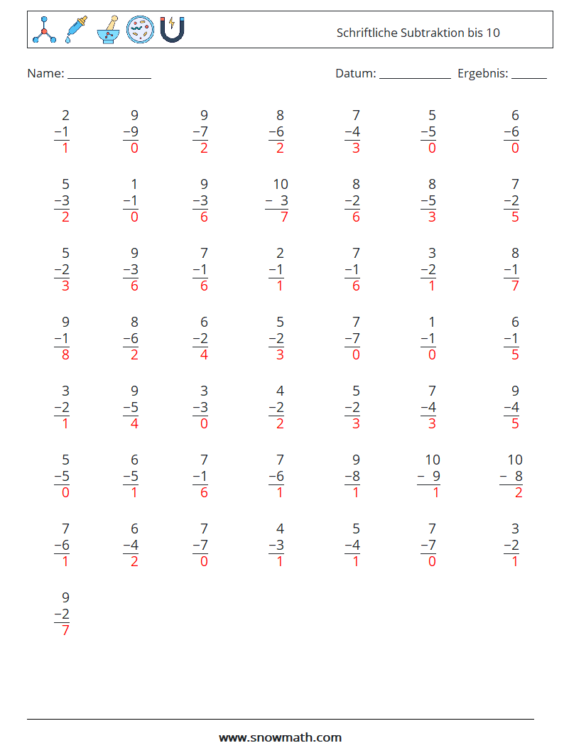 (50) Schriftliche Subtraktion bis 10 Mathe-Arbeitsblätter 5 Frage, Antwort