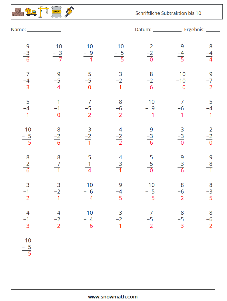 (50) Schriftliche Subtraktion bis 10 Mathe-Arbeitsblätter 6 Frage, Antwort