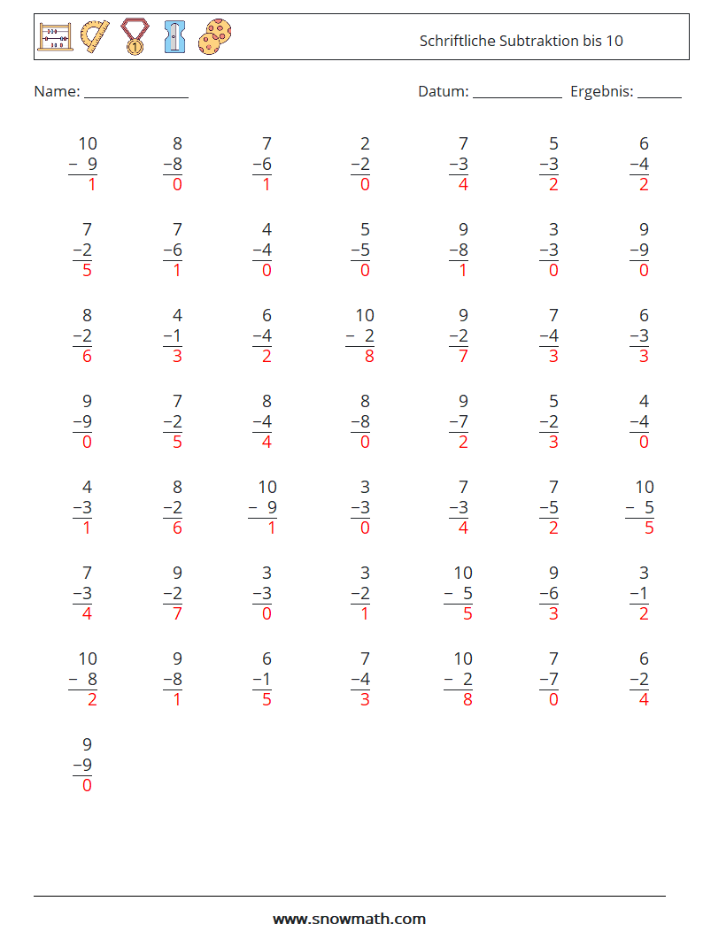 (50) Schriftliche Subtraktion bis 10 Mathe-Arbeitsblätter 7 Frage, Antwort