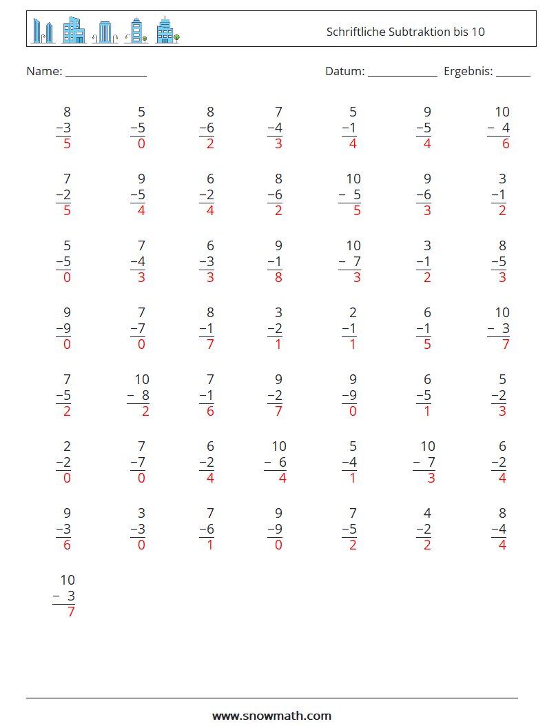 (50) Schriftliche Subtraktion bis 10 Mathe-Arbeitsblätter 8 Frage, Antwort