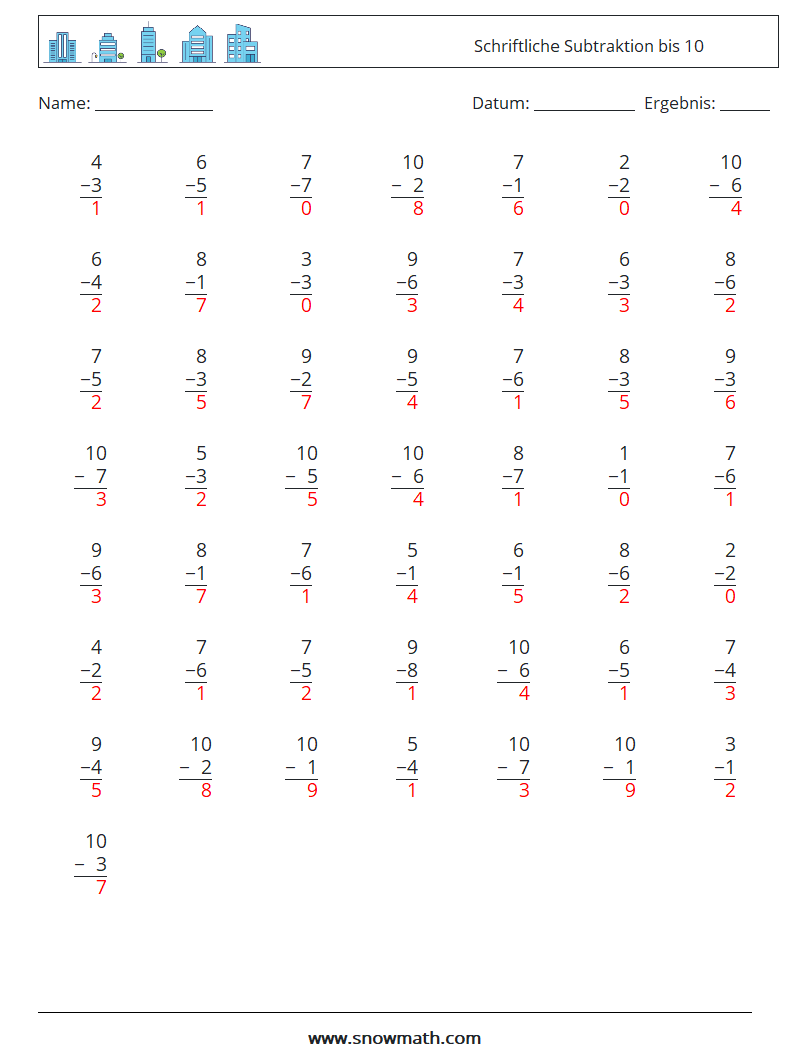 (50) Schriftliche Subtraktion bis 10 Mathe-Arbeitsblätter 9 Frage, Antwort