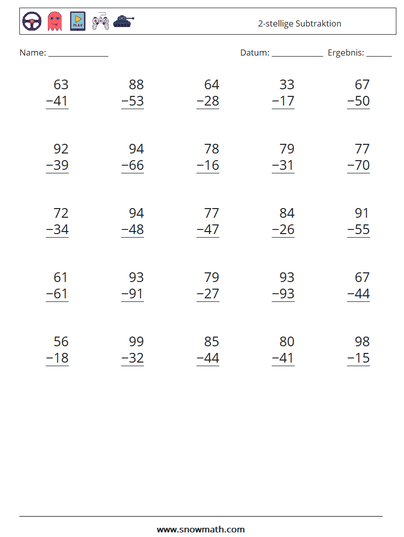 (25) 2-stellige Subtraktion Mathe-Arbeitsblätter 1