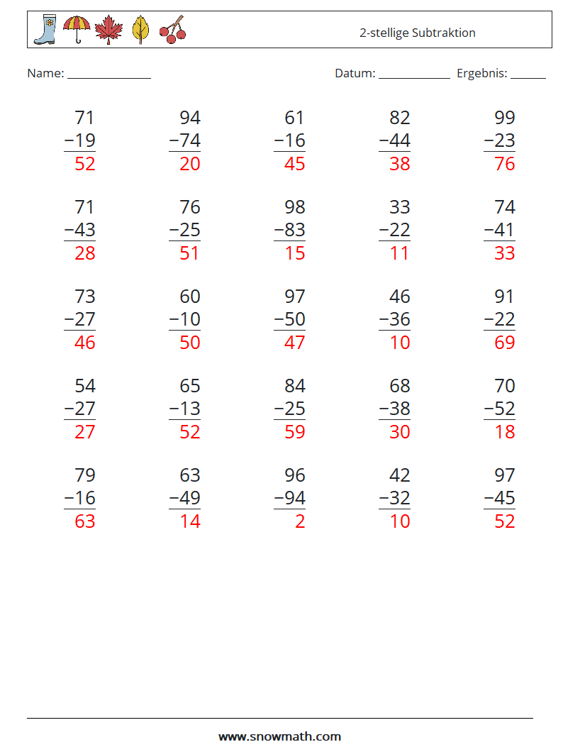 (25) 2-stellige Subtraktion Mathe-Arbeitsblätter 11 Frage, Antwort