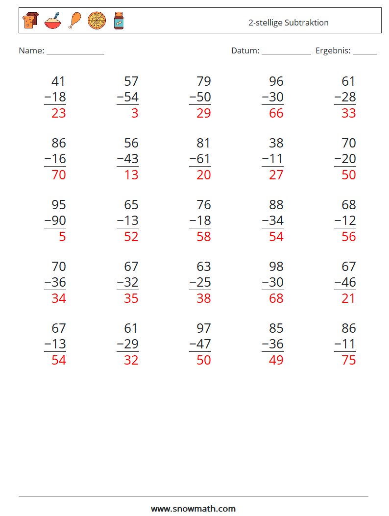 (25) 2-stellige Subtraktion Mathe-Arbeitsblätter 15 Frage, Antwort