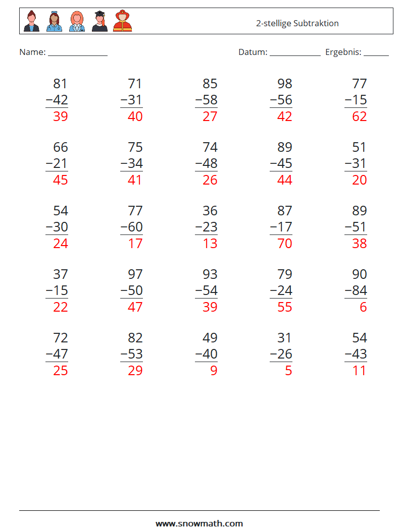 (25) 2-stellige Subtraktion Mathe-Arbeitsblätter 18 Frage, Antwort