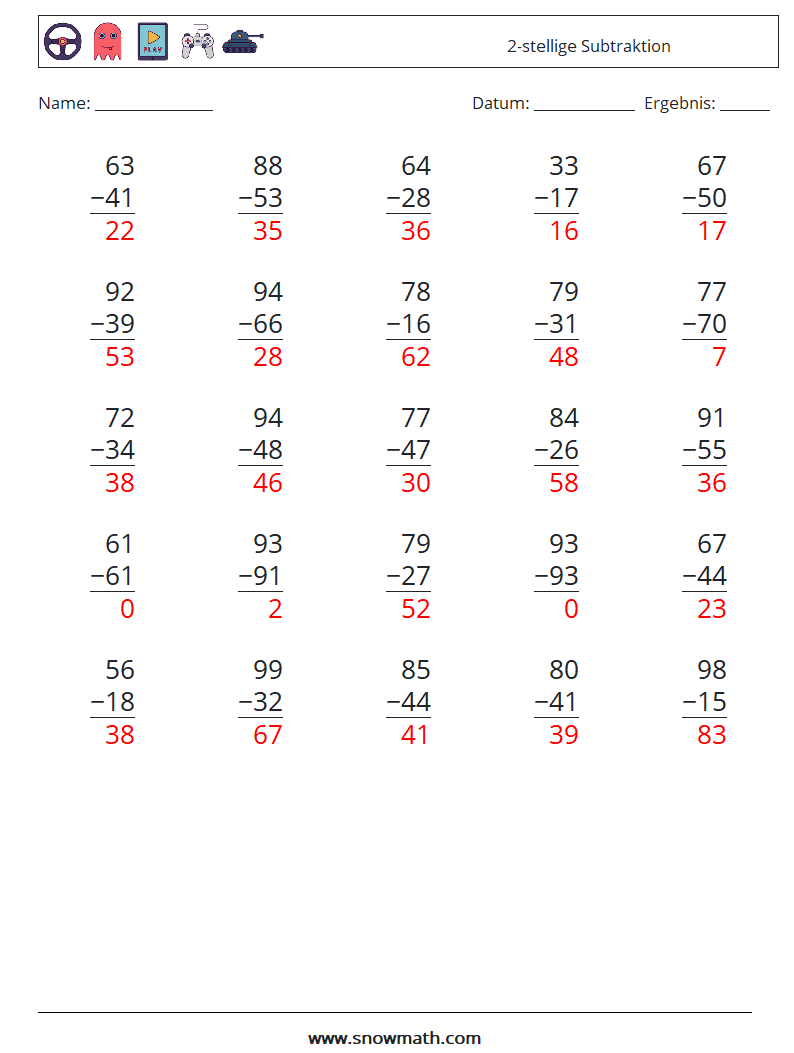 (25) 2-stellige Subtraktion Mathe-Arbeitsblätter 1 Frage, Antwort