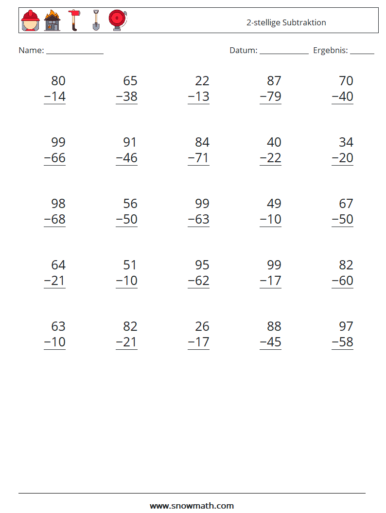 (25) 2-stellige Subtraktion Mathe-Arbeitsblätter 2