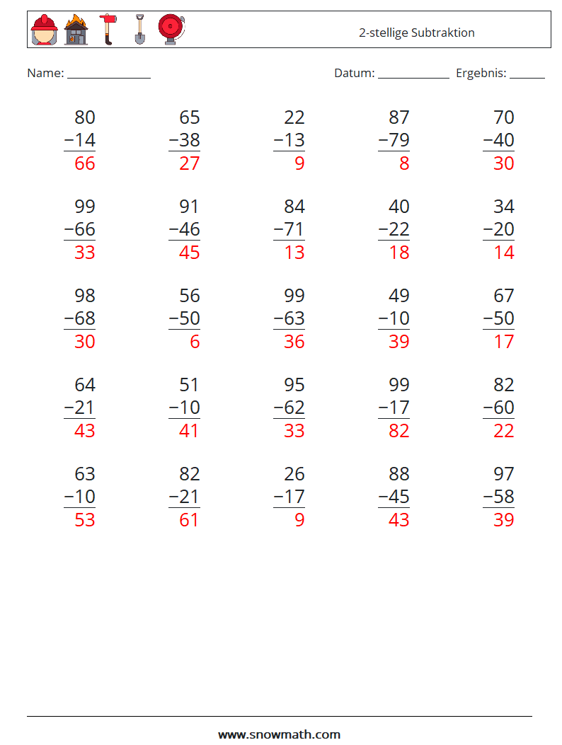 (25) 2-stellige Subtraktion Mathe-Arbeitsblätter 2 Frage, Antwort