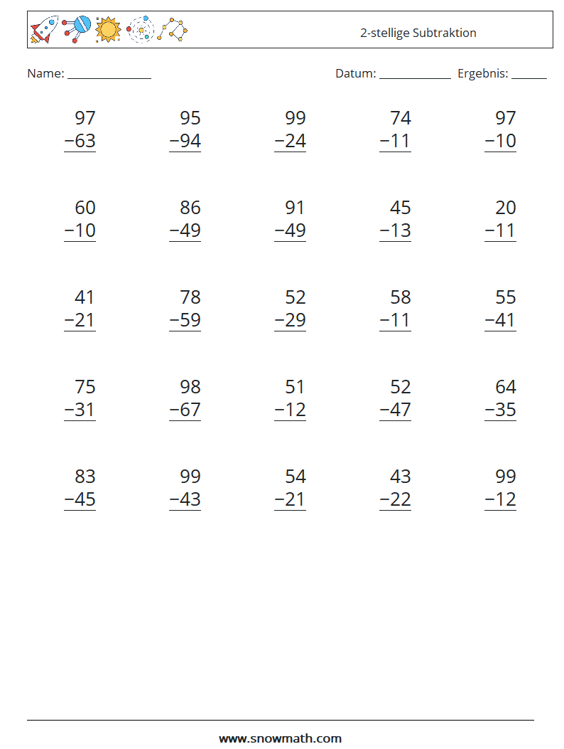 (25) 2-stellige Subtraktion Mathe-Arbeitsblätter 3