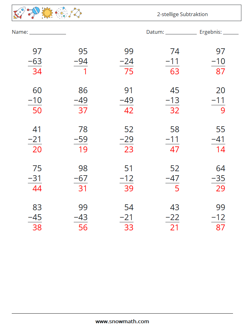 (25) 2-stellige Subtraktion Mathe-Arbeitsblätter 3 Frage, Antwort