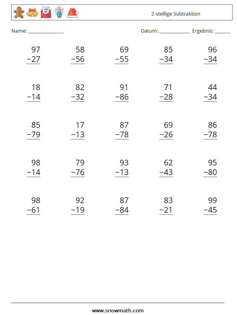 (25) 2-stellige Subtraktion Mathe-Arbeitsblätter 4