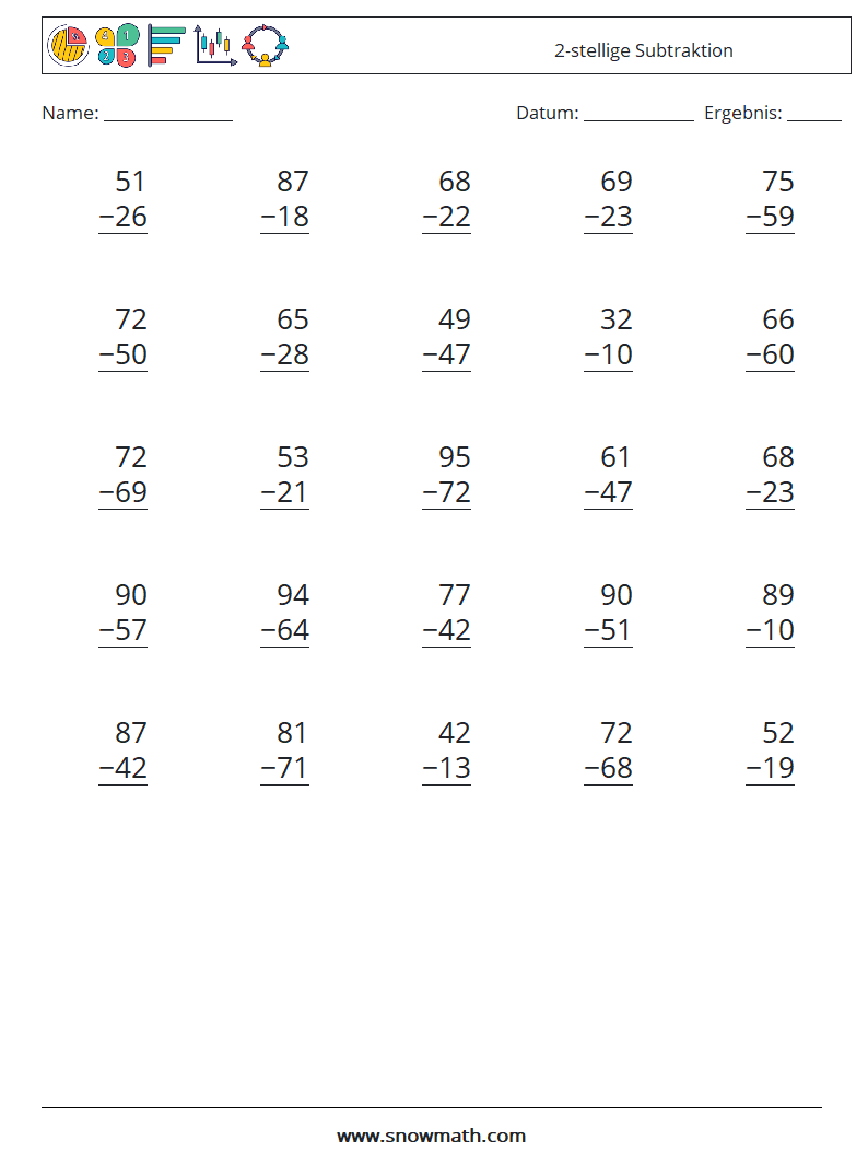 (25) 2-stellige Subtraktion Mathe-Arbeitsblätter 5
