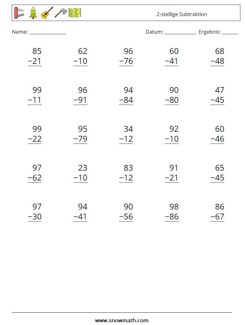 (25) 2-stellige Subtraktion Mathe-Arbeitsblätter 6