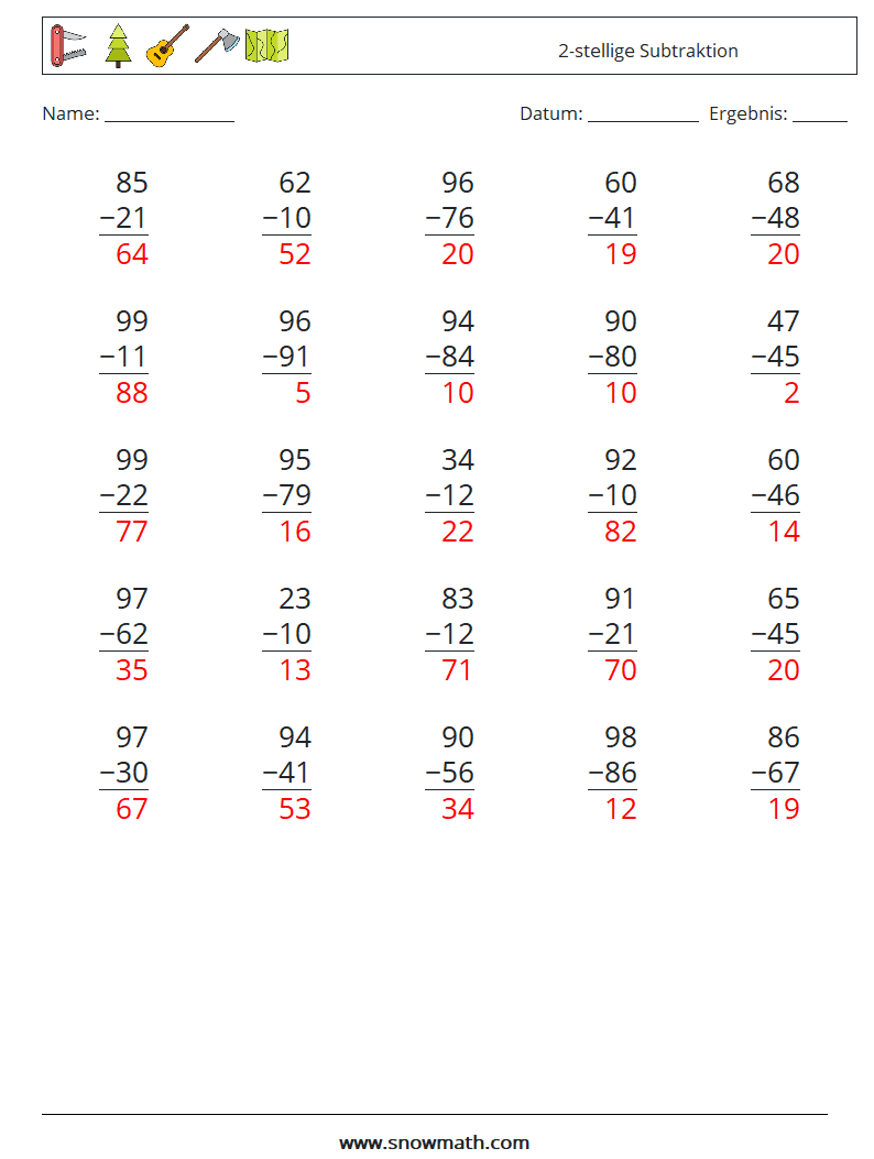 (25) 2-stellige Subtraktion Mathe-Arbeitsblätter 6 Frage, Antwort