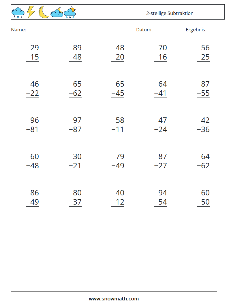 (25) 2-stellige Subtraktion Mathe-Arbeitsblätter 7